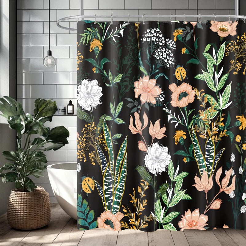 BayNook Black Boho Floral Shower Curtain Pink Flower Tropical Leaves Plant Shower Curtains Cute Fun Botanical Dark Decorative Bath Curtain Cloth Fabric Bathroom Decor Set with Hooks 72x72 - Image 2