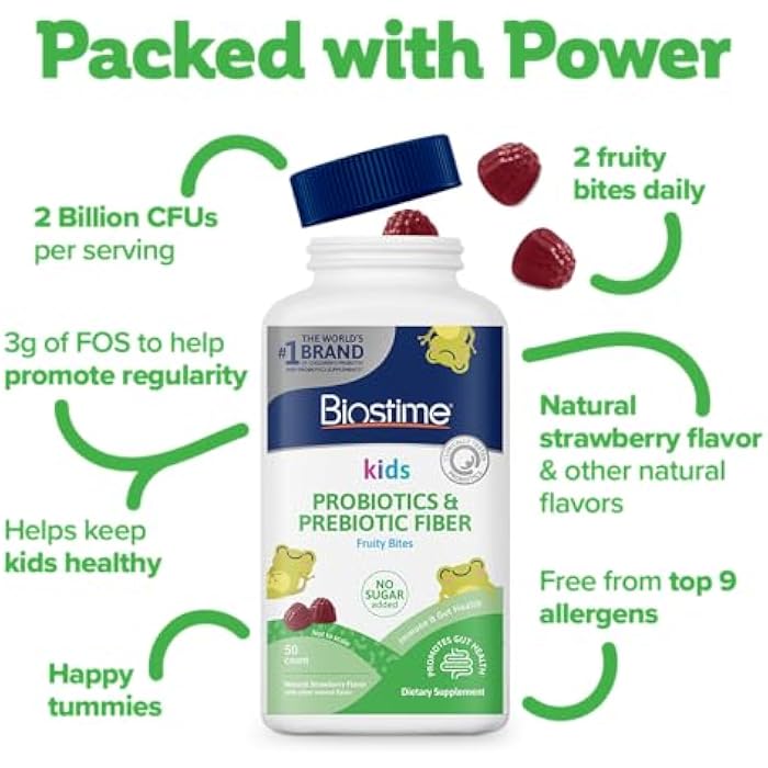 Biostime Kids Prebiotic & Probiotic Gummies (Ages 4+) | Probiotics for Kids | Includes 2 Billion CFU to Support Digestive Health| No added sugar Fruity Bites | Free from Top 9 Allergens |50 Count - Image 4