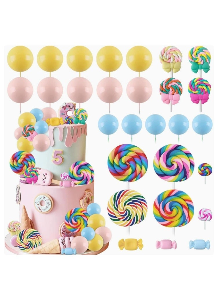 Birthday Cake Decoration Pack of 28 Cake Toppers, Lollipop Cake Decoration, Cupcake Topper Balloons, Candy Bow Cake Topper, Cake Decoration, Sweets, Colourful, Cake Decoration for Wedding, Birthday, Baby Shower - Image 1