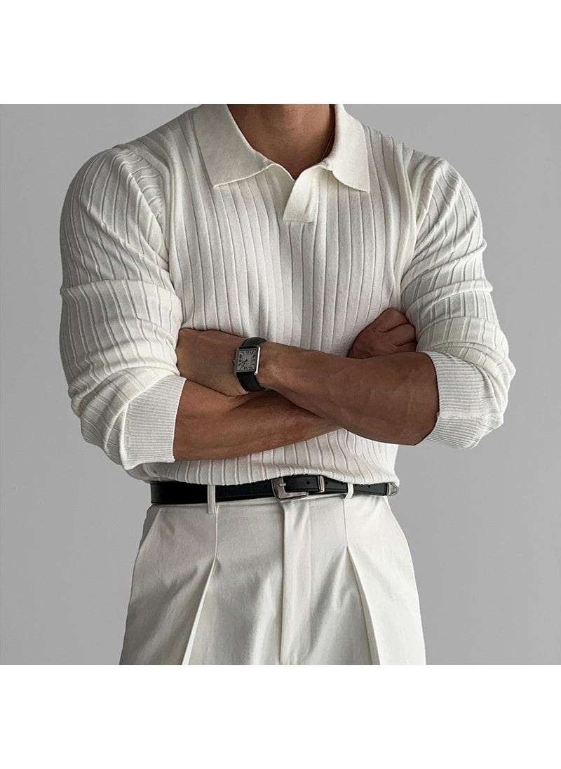 Generic - New Style Knit T-Shirt Mens Elastic Korean Version Pullovers Slim Fit Smooths Your Silhouette Screw Thread Solid Color Lapel Fo Brown - Image 1