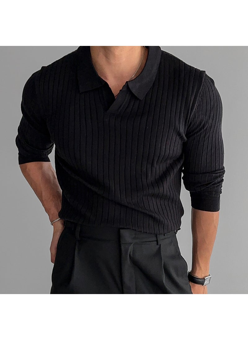 Generic - New Style Knit T-Shirt Mens Elastic Korean Version Pullovers Slim Fit Smooths Your Silhouette Screw Thread Solid Color Lapel Fo Brown - Image 1
