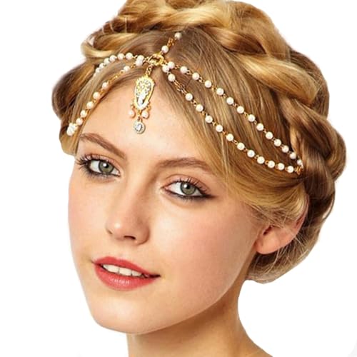 Aukmla Pearl Indian Head Chain Festival Halloween Costume Hair Accessories Boho Headpiece for Women - Image 1