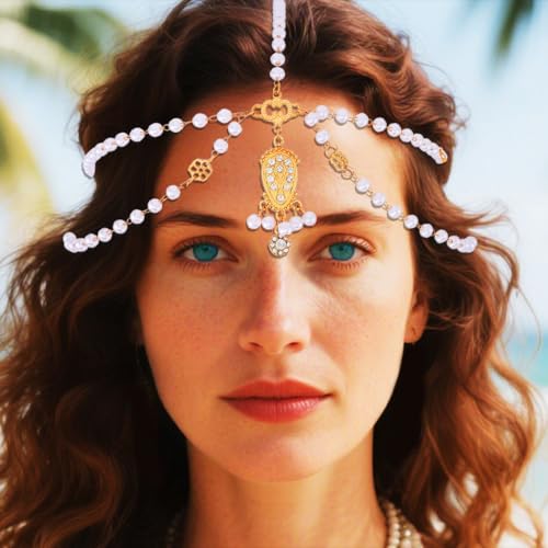 Aukmla Pearl Indian Head Chain Festival Halloween Costume Hair Accessories Boho Headpiece for Women - Image 3