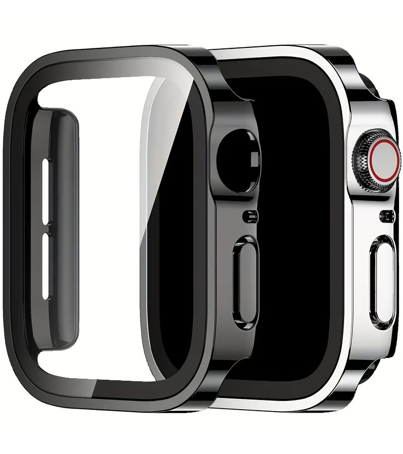 حزمة من 2 واقيات زجاجية مستقيمة الحواف مقاومة للصدمات متوافقة مع Apple Watch 45 مم 41 مم 44 مم 40 مم 42 مم و 46 مم، غطاء مقاوم للصدمات لسلسلة 7 8 9 41 ملم، اللون أسود وذهبي وردي - Image 1