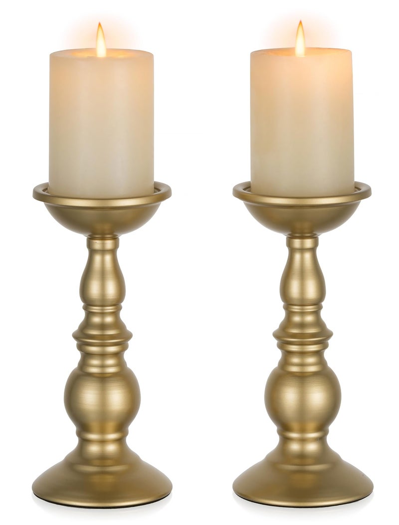 NUPTIO 2 Pcs Gold Pillar Candle Holders Gold Candlestick Most Ideal for 3 Pillar Candles Gifts for Wedding Party Home Spa Reiki Votive Candle 2 x L - Image 2