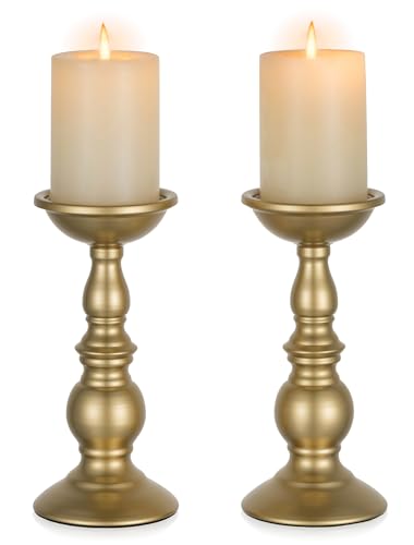 NUPTIO 2 Pcs Gold Pillar Candle Holders Gold Candlestick Most Ideal for 3 Pillar Candles Gifts for Wedding Party Home Spa Reiki Votive Candle 2 x L - Image 1