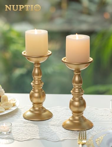 NUPTIO 2 Pcs Gold Pillar Candle Holders Gold Candlestick Most Ideal for 3 Pillar Candles Gifts for Wedding Party Home Spa Reiki Votive Candle 2 x L - Image 3