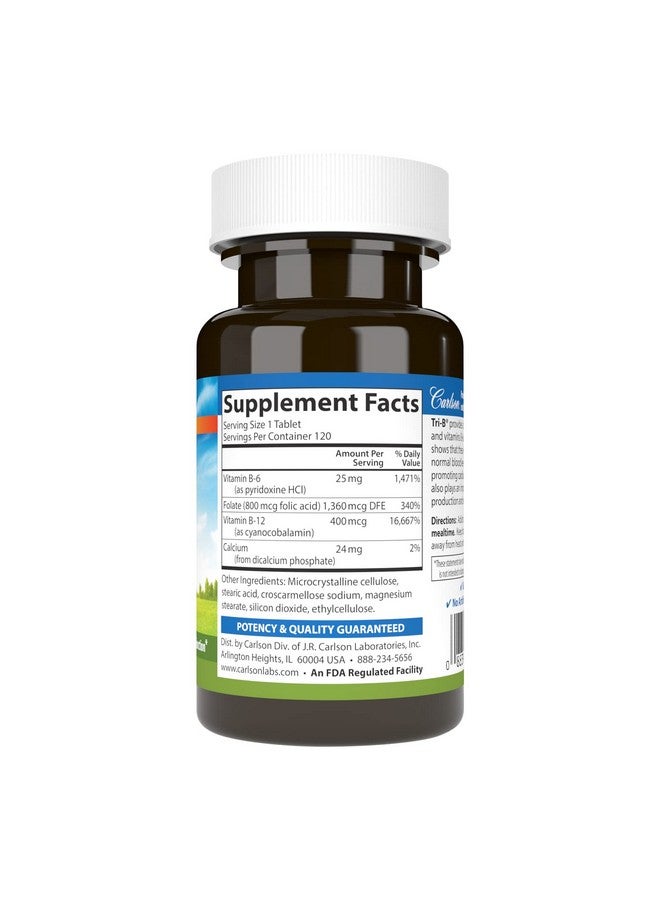 Carlson - Tri-B, Vitamin B Complex, 25 mg Vitamin B-6, 400 mcg Vitamin B-12, Folic Acid Energy Pills, Promote Cardiovascular Health, B Complex Vitamins, B12 Supplement, B Vitamin Complex, 120 Tablets - Image 2