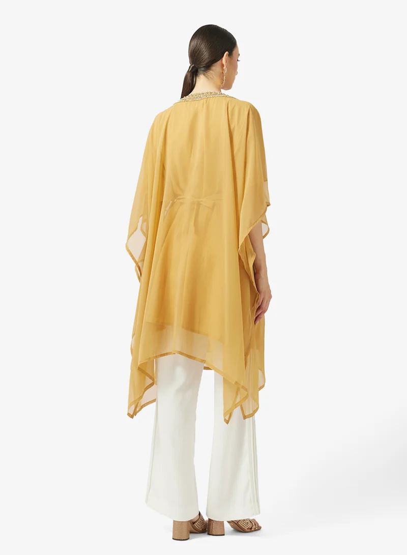 ARABIAN CLOSET Gold Embroidered Round Neck Kaftan