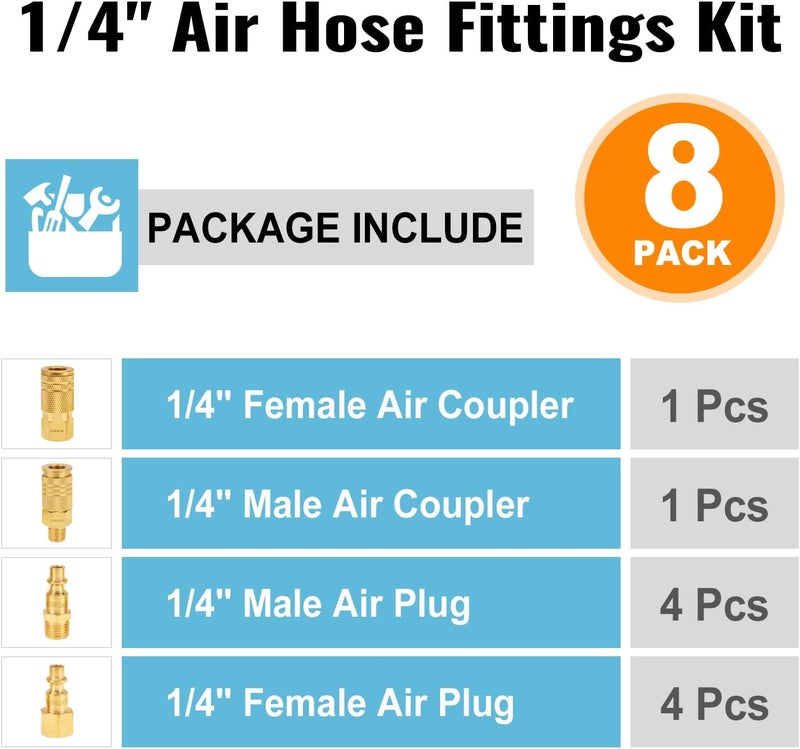 SUNGATOR 8-Piece 1/4" NPT Air Compressor Fittings, Solid Brass Quick Connect Air Line Hose Fittings, 1/4 Inch Coupler and Plug Kit, Compressor Accessories, 1/4'' Quick Connect Hose Repair Kit - Image 2