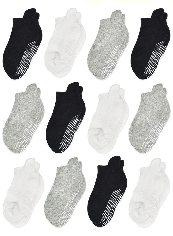 HYCLES Toddler Grip Socks - 12 Pairs Anti-slip Socks 1-7 Years for Baby Boys Girls Kids Children Anti-skid Sox, 02 Black/Grey/White 12 Pairs, 1-3 Years - Image 1
