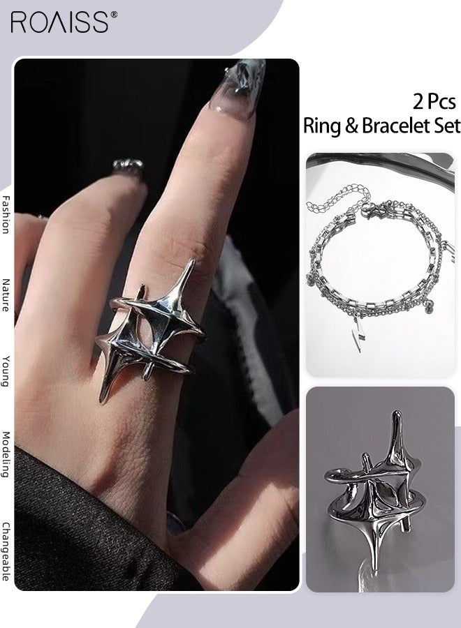 roaiss 2 Pcs Ring and Bracelet Set, Adjustable Geometric Star Ring, Stainless Steel Lightning Bracelet, Simple Multi-layered Bracelet, Suitable for Men and Women Daily Wear and Party Gatherings - Image 1