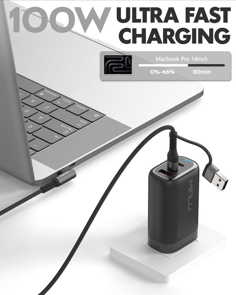 Minlu 100W Fast USB C Charger Cable Right Angle, USB A/C to USB C Cable, 90 Degree Type C Braided Charging Cord for iPhone 17 16 15 Series,Samsung UItra S25 S24,MacBook (2, Grey, 6) - Image 5