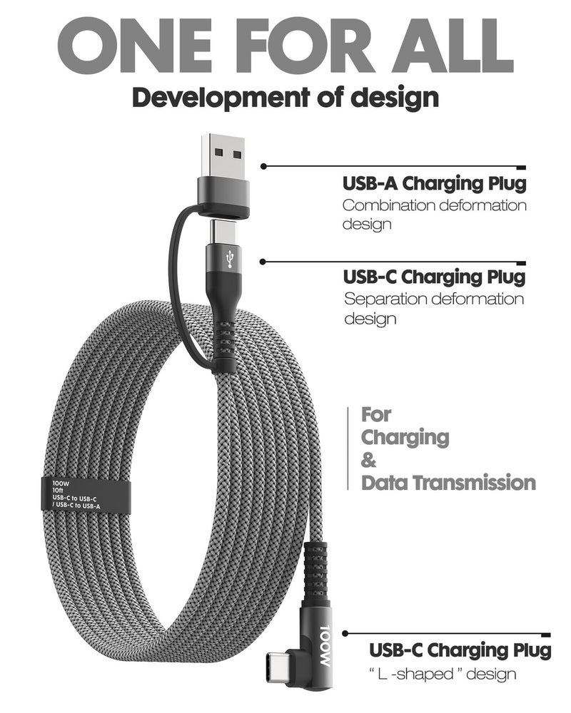 Minlu 100W Fast USB C Charger Cable Right Angle, USB A/C to USB C Cable, 90 Degree Type C Braided Charging Cord for iPhone 17 16 15 Series,Samsung UItra S25 S24,MacBook (2, Grey, 6) - Image 2