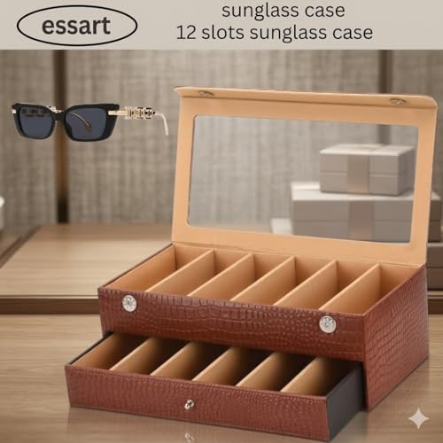 essart Sunglass Storage Box – 12 Slot Eyewear Organizer Case with Glass Lid, Dust-Free & Premium Faux Leather Finish Double Storey Magnetic Closure Sunglasses Box Organizer Tan Colour - Image 2
