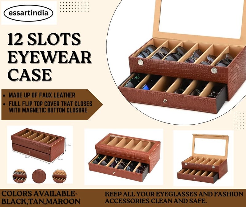 essart Sunglass Storage Box – 12 Slot Eyewear Organizer Case with Glass Lid, Dust-Free & Premium Faux Leather Finish Double Storey Magnetic Closure Sunglasses Box Organizer Tan Colour - Image 5