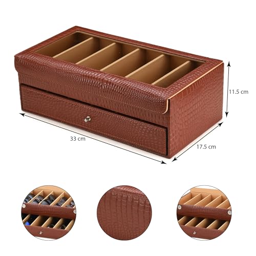 essart Sunglass Storage Box – 12 Slot Eyewear Organizer Case with Glass Lid, Dust-Free & Premium Faux Leather Finish Double Storey Magnetic Closure Sunglasses Box Organizer Tan Colour - Image 3
