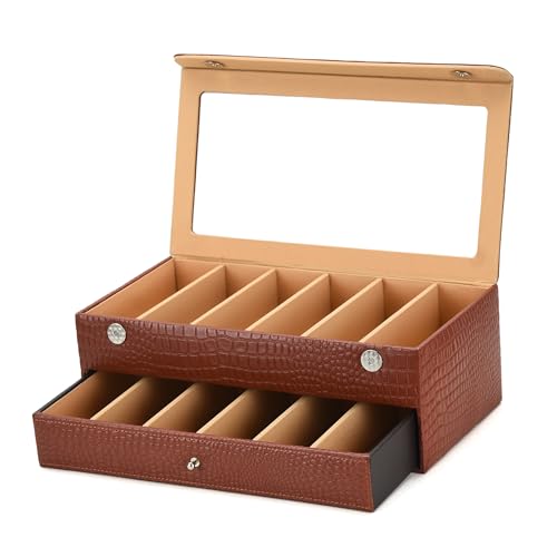 essart Sunglass Storage Box – 12 Slot Eyewear Organizer Case with Glass Lid, Dust-Free & Premium Faux Leather Finish Double Storey Magnetic Closure Sunglasses Box Organizer Tan Colour - Image 1
