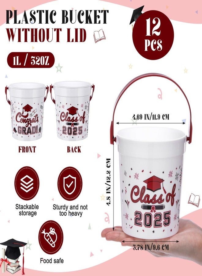 ميكو مجموعة ميكو المكونة من 12 دلو تخرج سعة 32 أونصة مع مقبض، دفعة 2025، دلو بلاستيكي متعدد الاستخدامات للمشروبات والحلوى والكوكتيلات والوجبات الخفيفة، هدايا ومستلزمات حفلات التخرج (لون أحمر خمري). - Image 2