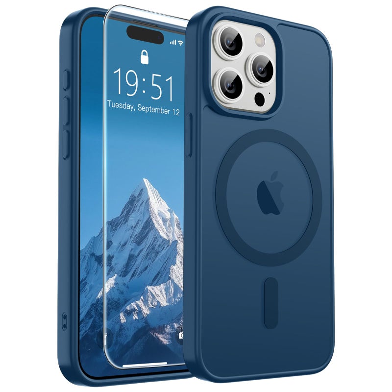 SUPFINE Magnetic for iPhone 15 Pro Case with Screen Protector (Compatible with MagSafe) (Military Grade Drop Protection) Translucent Matte Shockproof with Anti-Fingerprint Phone Case,Deep Blue - Image 1