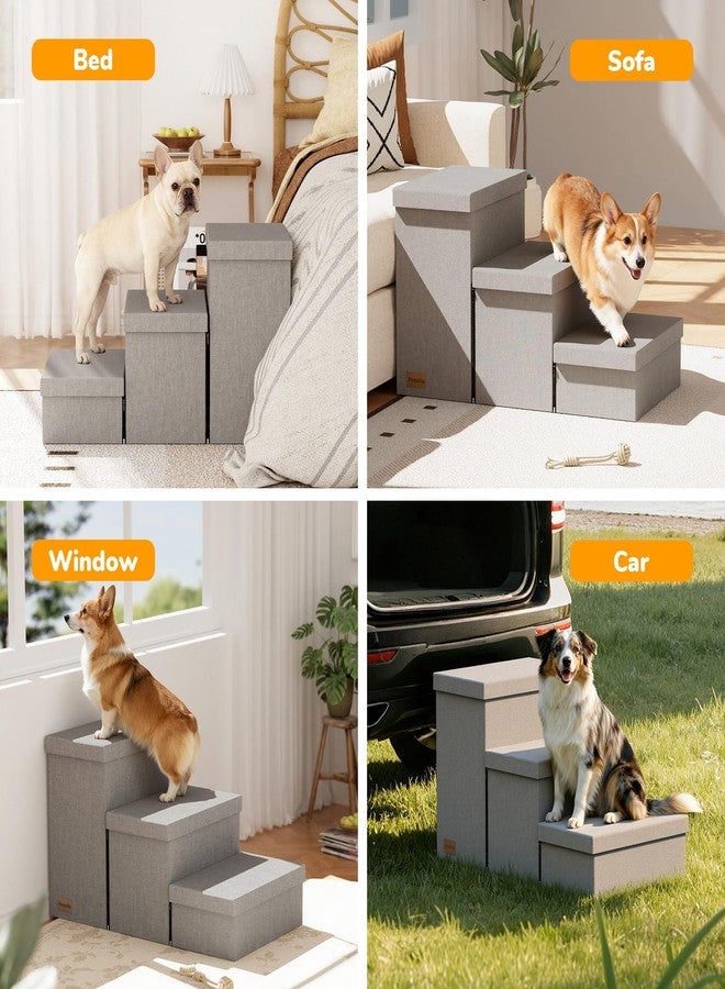 Fecuria 3-Step Wide Dog Stairs with Storage 18" H, Non-Slip Sturdy Pet Steps for High Bed Couch Window, Pet Stairs for Small/Medium/Large Old Dogs Cats Up to 200lbs, Cat Dog Steps for Car/SUV, Grey - Image 3