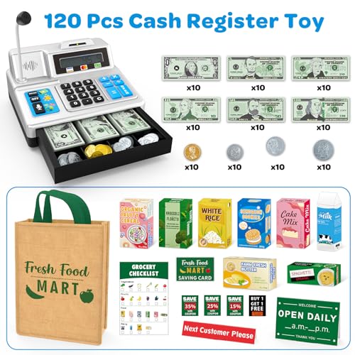 Bstoyder Calculator Cash Register Toy Gift for Kids Age 3 4 5 6 7 8 Year Old 120 Pcs Grocery Store Playset with Toy Cash Grocery Boxes Microphone Play Cash Register for Toddlers 48 Silvery - Image 5