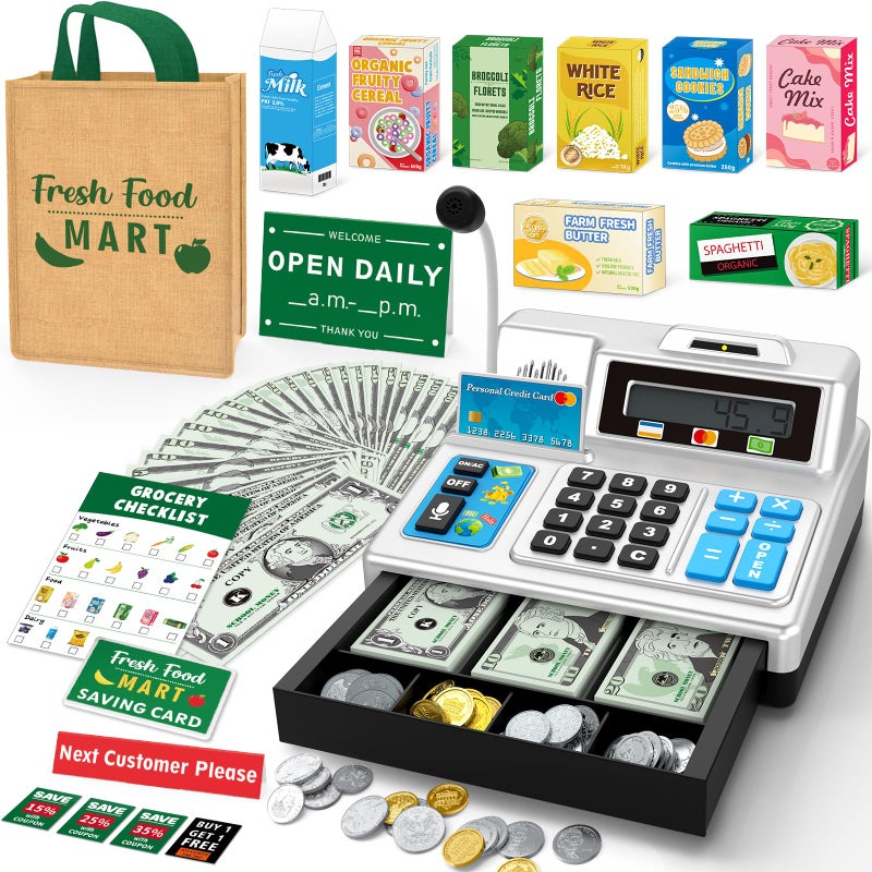 Bstoyder Calculator Cash Register Toy Gift for Kids Age 3 4 5 6 7 8 Year Old 120 Pcs Grocery Store Playset with Toy Cash Grocery Boxes Microphone Play Cash Register for Toddlers 48 Silvery - Image 3