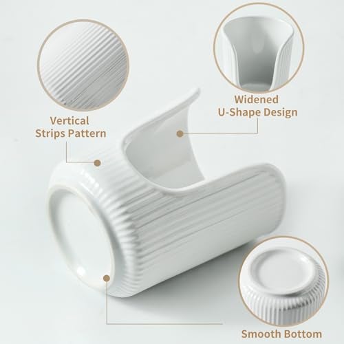 Dobbyby Ceramic Bathroom Cup Dispenser with Stylish Vertical Stripes - Disposable Mouthwash Cup Holder Holds 3-4oz Paper Cups for Rinsing Cups on Bathroom Vanity Countertops (White) - Image 3