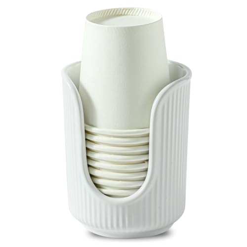 Dobbyby Ceramic Bathroom Cup Dispenser with Stylish Vertical Stripes - Disposable Mouthwash Cup Holder Holds 3-4oz Paper Cups for Rinsing Cups on Bathroom Vanity Countertops (White) - Image 1