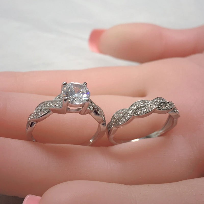 MABELLA 925 Solid Sterling Silver Matching Bridal Set Wedding Engagement Rings Clear Round Cubic Zirconia Eternity Ring for Women Size 5 - Image 5