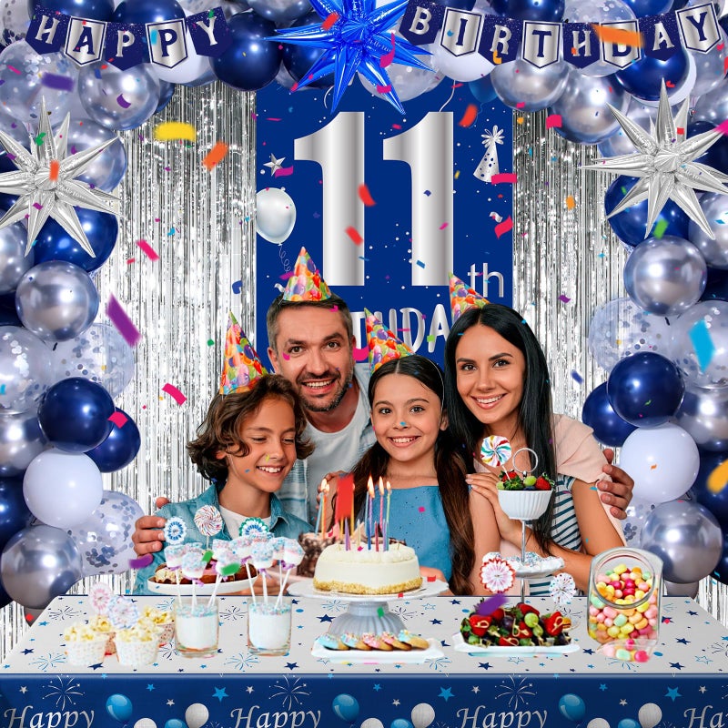 Pounira 11th Birthday Decorations for Boys Girls, Blue Silver Happy 11th Birthday Boy Decoration, 11 Year Old Party Banner Balloons Decorations Tablecloth Foil Backdrop Star Balloons 11th Bady Decor for Kids - Image 2
