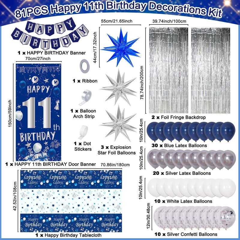 Pounira 11th Birthday Decorations for Boys Girls, Blue Silver Happy 11th Birthday Boy Decoration, 11 Year Old Party Banner Balloons Decorations Tablecloth Foil Backdrop Star Balloons 11th Bady Decor for Kids - Image 3