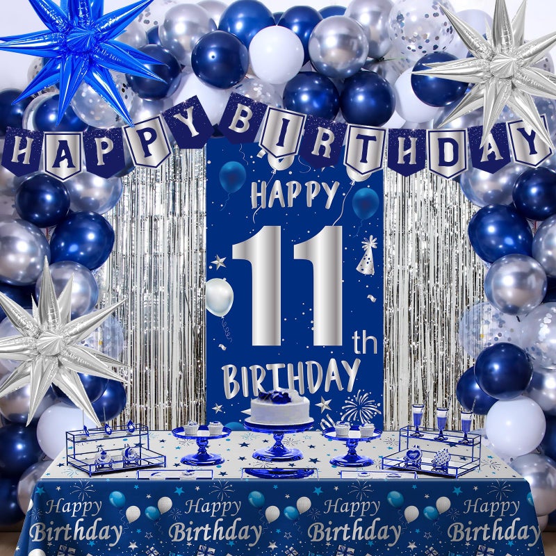 Pounira 11th Birthday Decorations for Boys Girls, Blue Silver Happy 11th Birthday Boy Decoration, 11 Year Old Party Banner Balloons Decorations Tablecloth Foil Backdrop Star Balloons 11th Bady Decor for Kids - Image 1