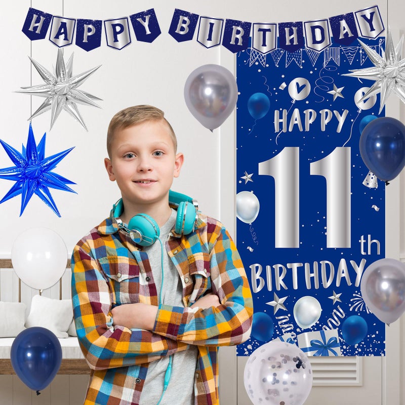 Pounira 11th Birthday Decorations for Boys Girls, Blue Silver Happy 11th Birthday Boy Decoration, 11 Year Old Party Banner Balloons Decorations Tablecloth Foil Backdrop Star Balloons 11th Bady Decor for Kids - Image 5