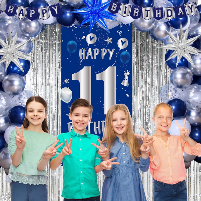 Pounira 11th Birthday Decorations for Boys Girls, Blue Silver Happy 11th Birthday Boy Decoration, 11 Year Old Party Banner Balloons Decorations Tablecloth Foil Backdrop Star Balloons 11th Bady Decor for Kids - Image 4