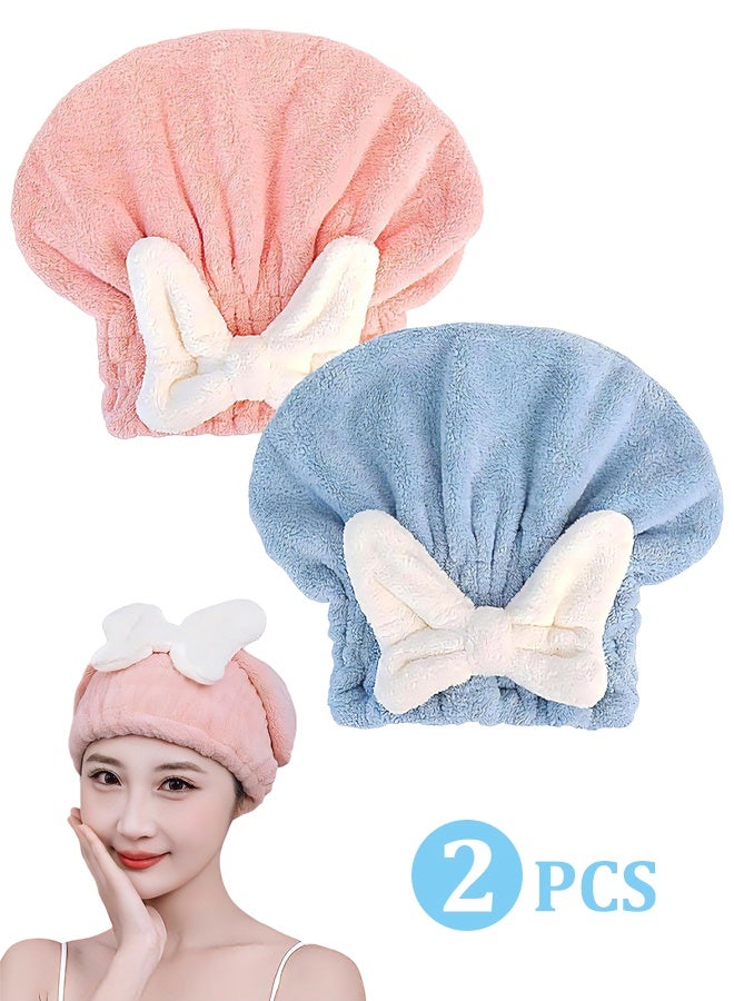 2PCS Microfiber Hair Drying Cap Set, Ultra Absorbent Super Soft Quick Dry Hair Towel Wrap Turban with Bow Tie, Anti-Frizz No Heat Damage Shower Cap for Girls Women Kids Pink Blue - Image 1