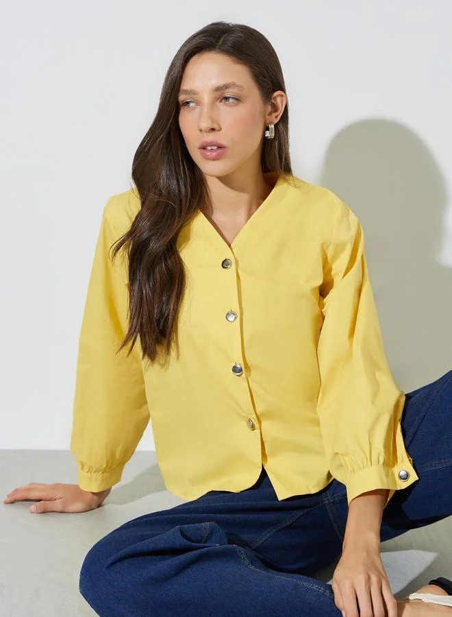 ستايلي Yellow Solid Metal Button Collarless Shirt