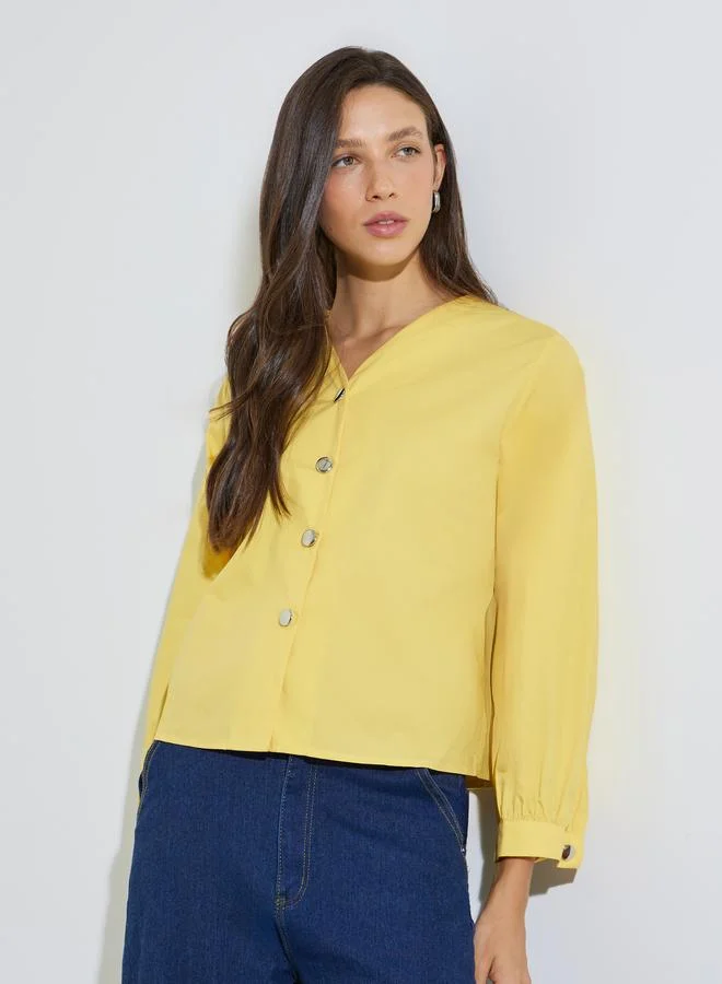 ستايلي Yellow Solid Metal Button Collarless Shirt