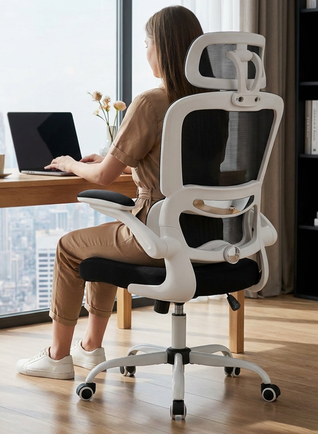 Premium Ergonomic Office Chair for Work from Home, High Back Computer Chair with Adjustable Seat, Lumbar Support & Headrest, Flip-up Armrest & Recline | Mesh Chair for Office/Home White/Black