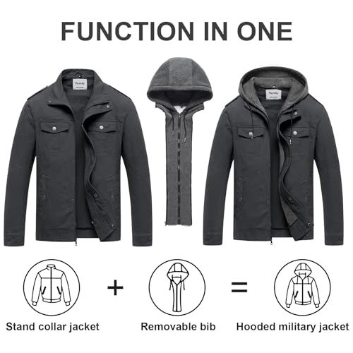 Pursky Men's Fall Jackets Washed Cotton Hooded Lightweight Cargo Military Clothes Grey 3XL - Image 2