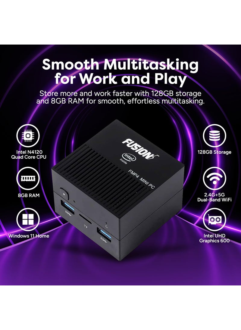 Fusion5 Fusion5 FMP4 Mini PC Windows 11 - Quad Core Mini Computer, 128GB Storage and 8GB RAM - Small & Portable Desktop Computer with Dual Band WiFi, Bluetooth, HDMI, USB 3.0, Micro SD Card Slot  - Image 4