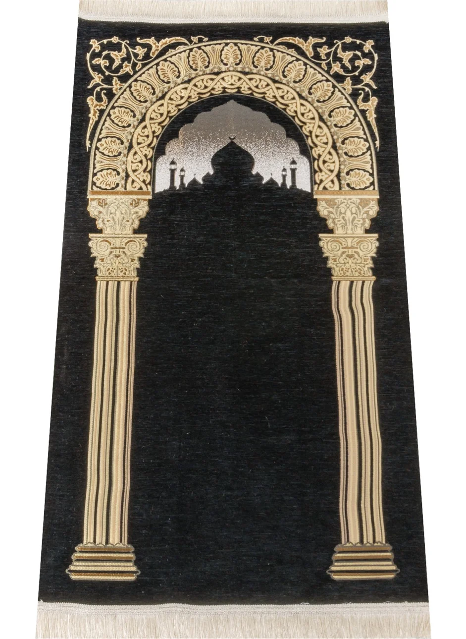 İhvan Online Ihvan Online Taj Mahal Patterned Chenille Prayer Rug - Black Color