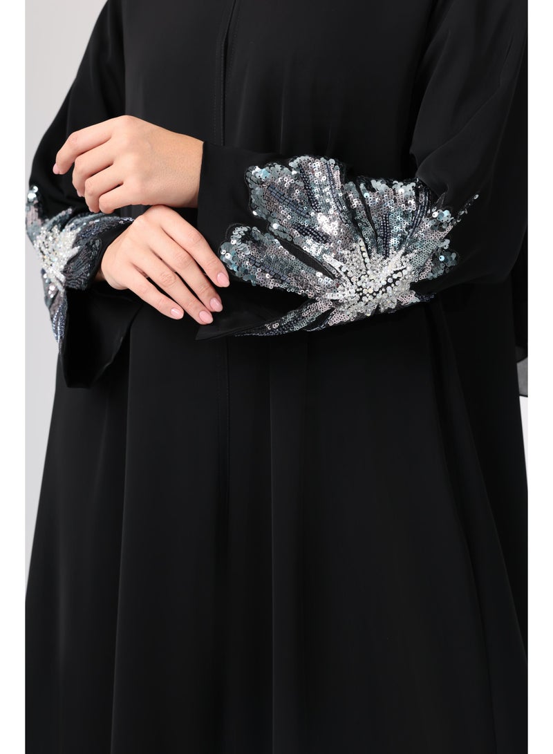 اكسا عباية بأكمام مزينة بالخرز لامعة سادة - Image 2