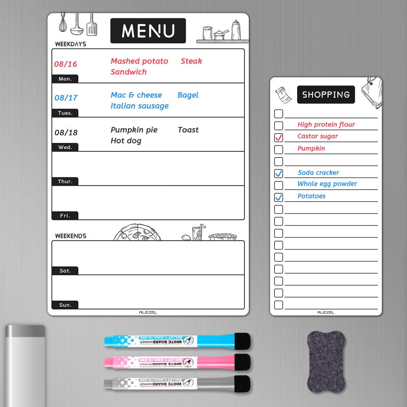 ALEZEL Magnetic Dry Erase Menu Board for Fridge, Weekly Meal Planner Whiteboard Set for Kitchen Refrigerator - Includes 1 Grocery List, 3 Markers + Eraser - Image 1