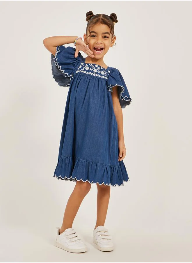 ستايلي Embroidered Frill Sleeve Square Neck Denim Dress