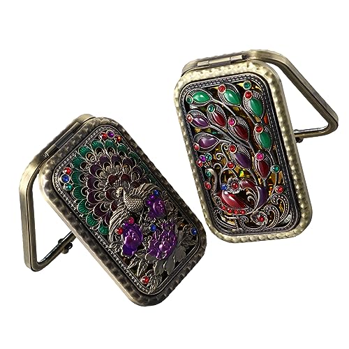 Pokinge 2Pcs Compact Folded Pocket Mirror Double-Sided Folding Retro Peacock Metal Makeup Mirror Portable 2X Magnification Cosmetic Mirror for Travel - Image 2