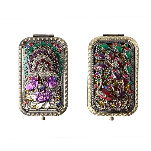 Pokinge 2Pcs Compact Folded Pocket Mirror Double-Sided Folding Retro Peacock Metal Makeup Mirror Portable 2X Magnification Cosmetic Mirror for Travel - Image 1