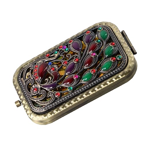 Pokinge 2Pcs Compact Folded Pocket Mirror Double-Sided Folding Retro Peacock Metal Makeup Mirror Portable 2X Magnification Cosmetic Mirror for Travel - Image 3