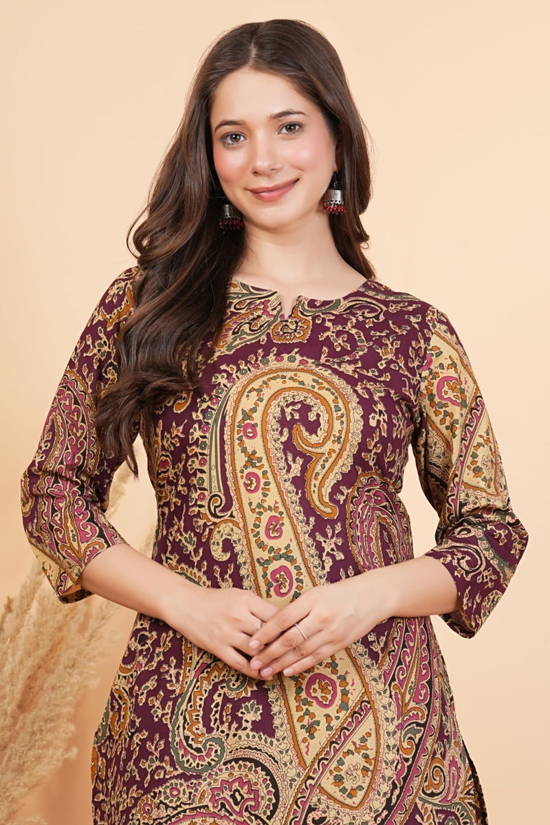 rytras Women's Pure Cotton Printed Ethnic Wear Straight Kurta Set with Palazzo Pants(RYT708,Wine,M) - Image 4