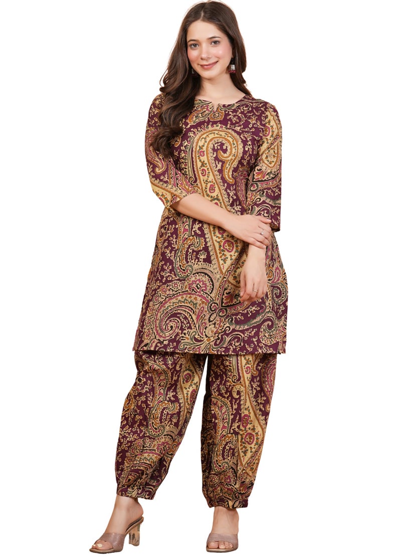 rytras Women's Pure Cotton Printed Ethnic Wear Straight Kurta Set with Palazzo Pants(RYT708,Wine,M) - Image 1